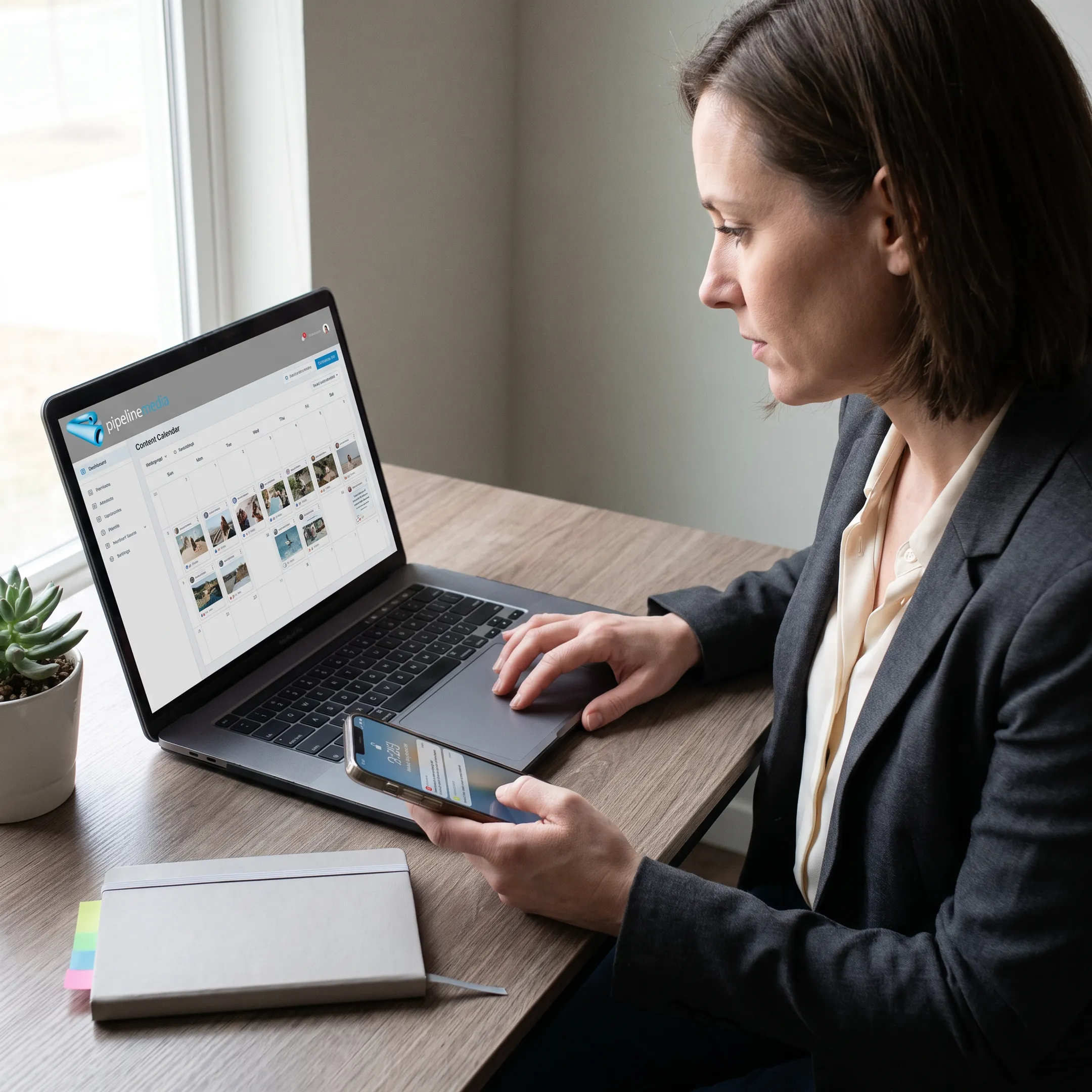Small-business owner reviewing a social media content calendar