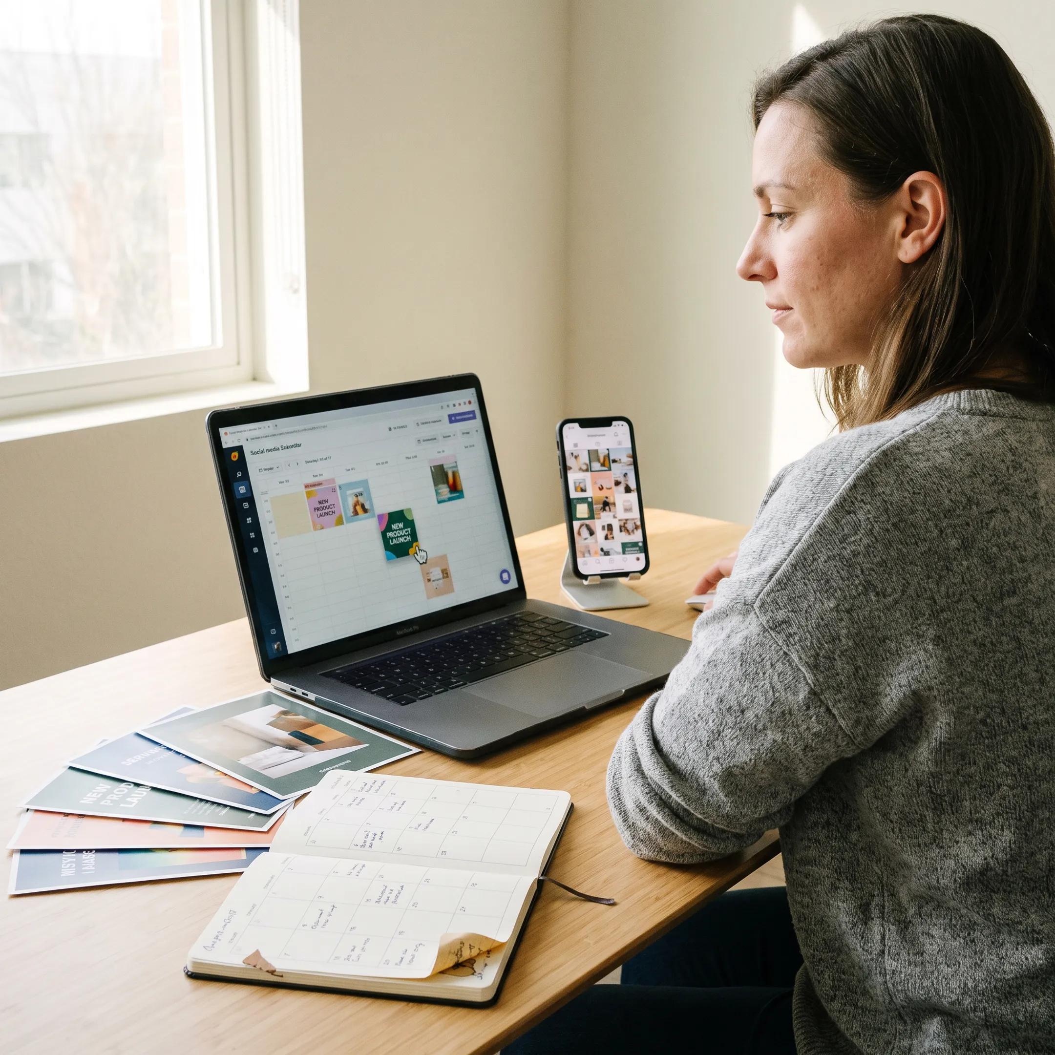 Social media manager scheduling branded posts