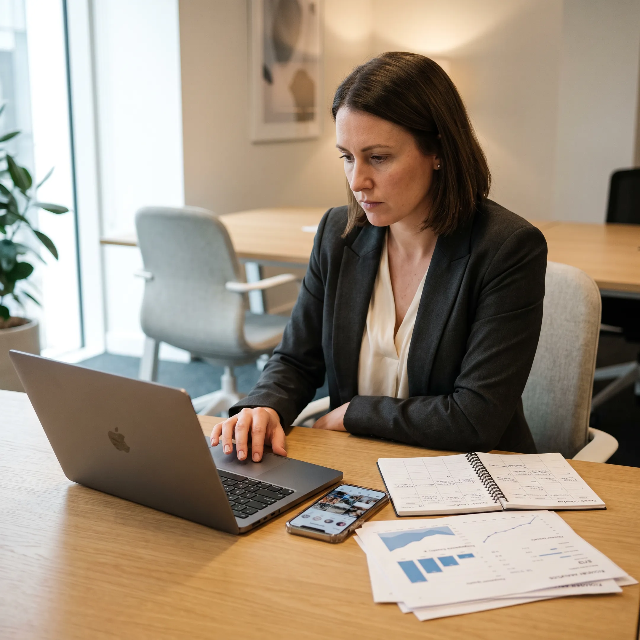 Marketing professional reviewing a social media content calendar