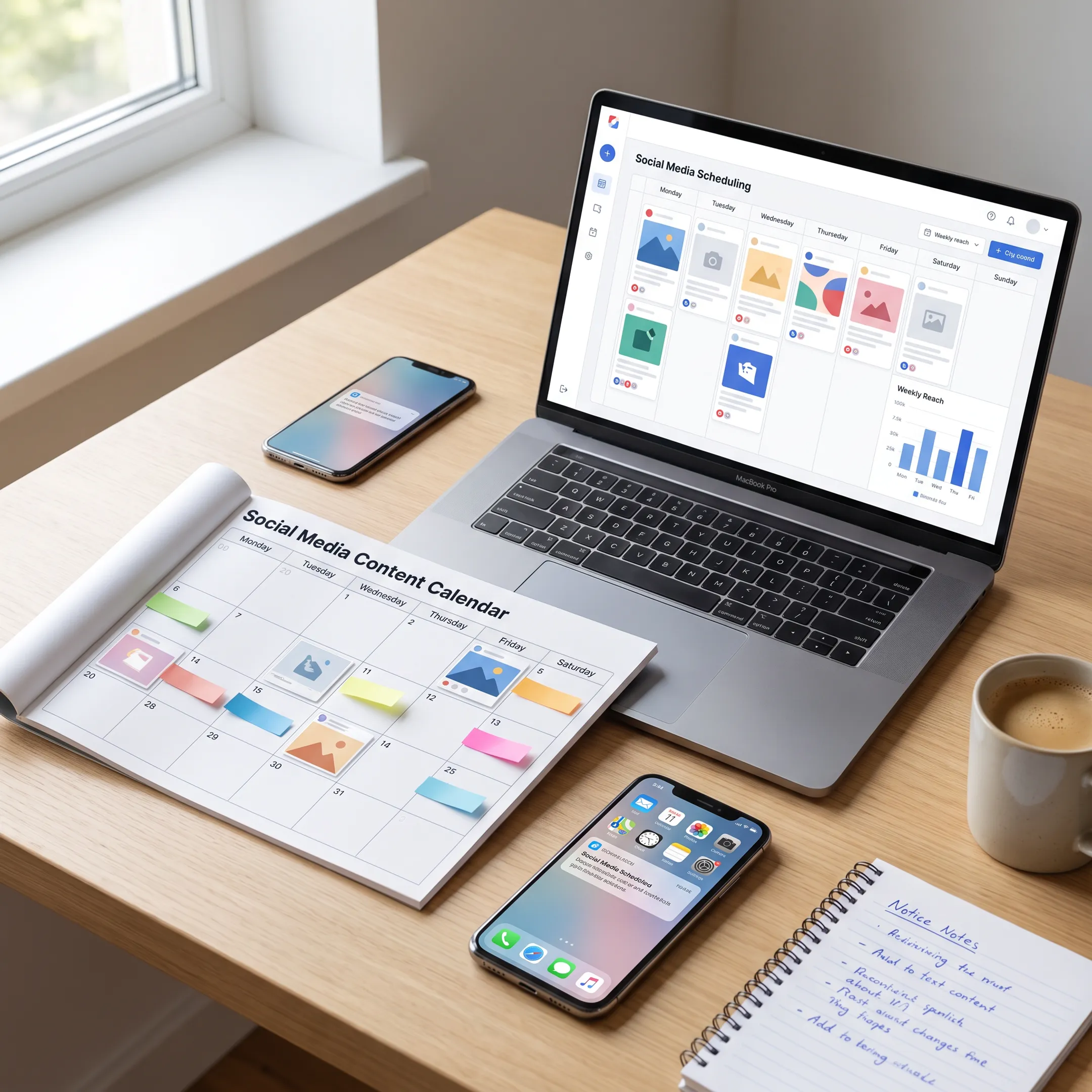 Branded social content calendar on desk
