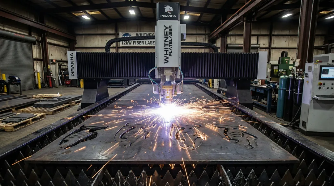 Piranha Whitney PlateLASER 12kW fiber laser cutting steel plate