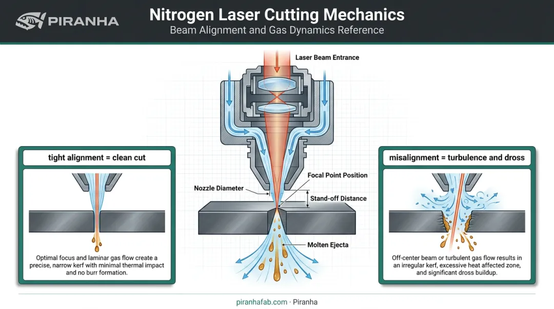 Cross-section diagram of nitrogen assist gas laser cutting process mechanics