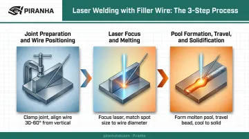Three-step laser welding process flow from wire positioning to solidification