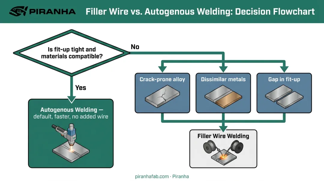Decision flowchart comparing autogenous welding versus filler wire welding scenarios