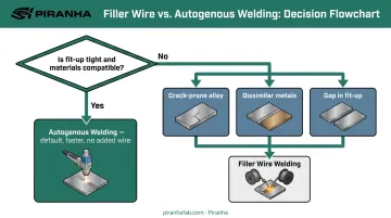 Decision flowchart comparing autogenous welding versus filler wire welding scenarios