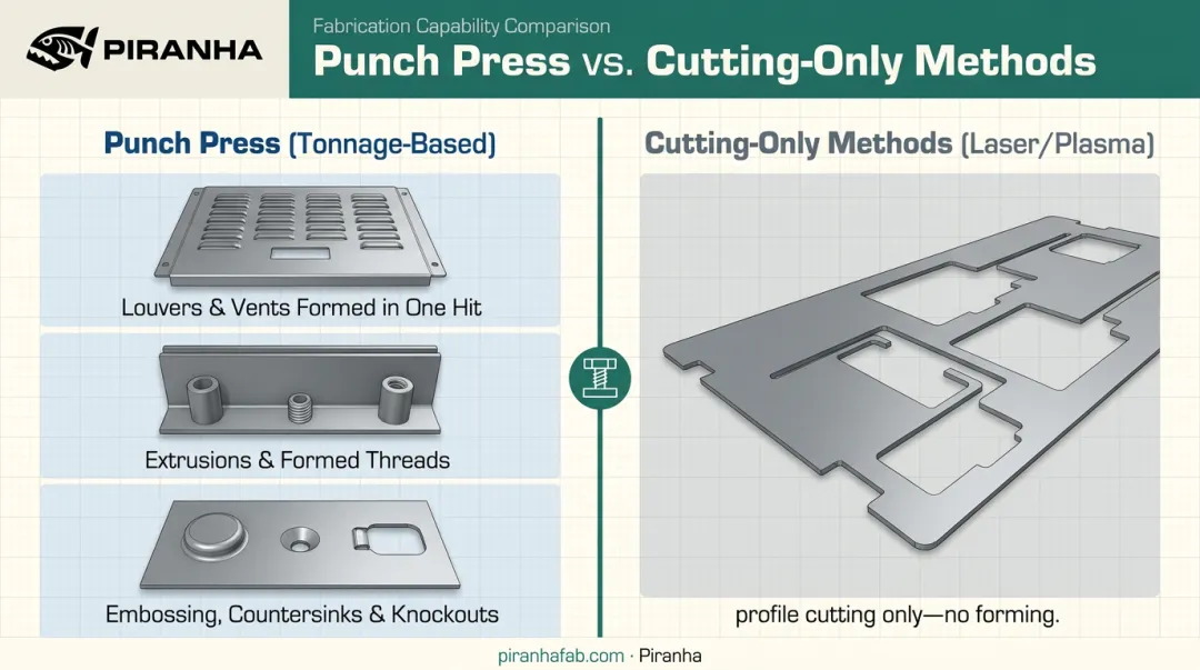 Punch press forming capabilities compared to laser and plasma cutting methods