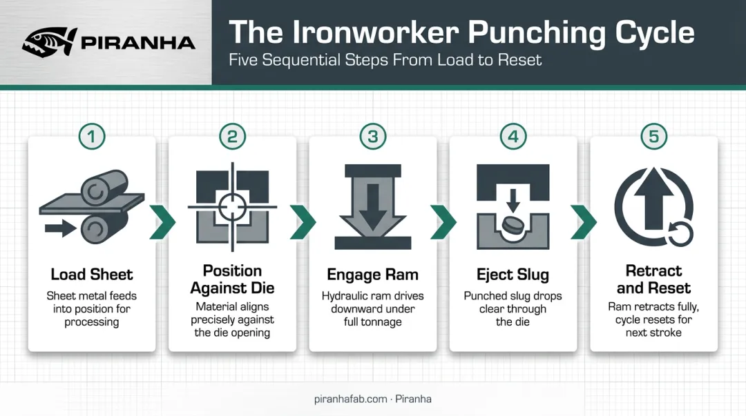 5-step punch press operation sequence from loading to slug ejection