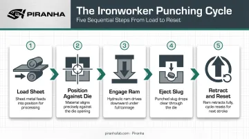 5-step punch press operation sequence from loading to slug ejection