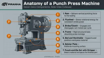 Punch press machine anatomy diagram showing ram frame flywheel and bolster plate