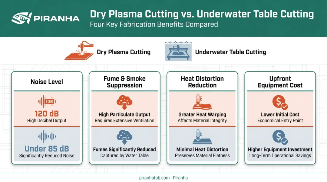 Water table plasma cutting benefits showing noise fume and heat reduction