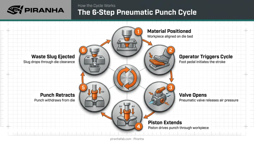 6-step pneumatic punch machine cycle process flow diagram