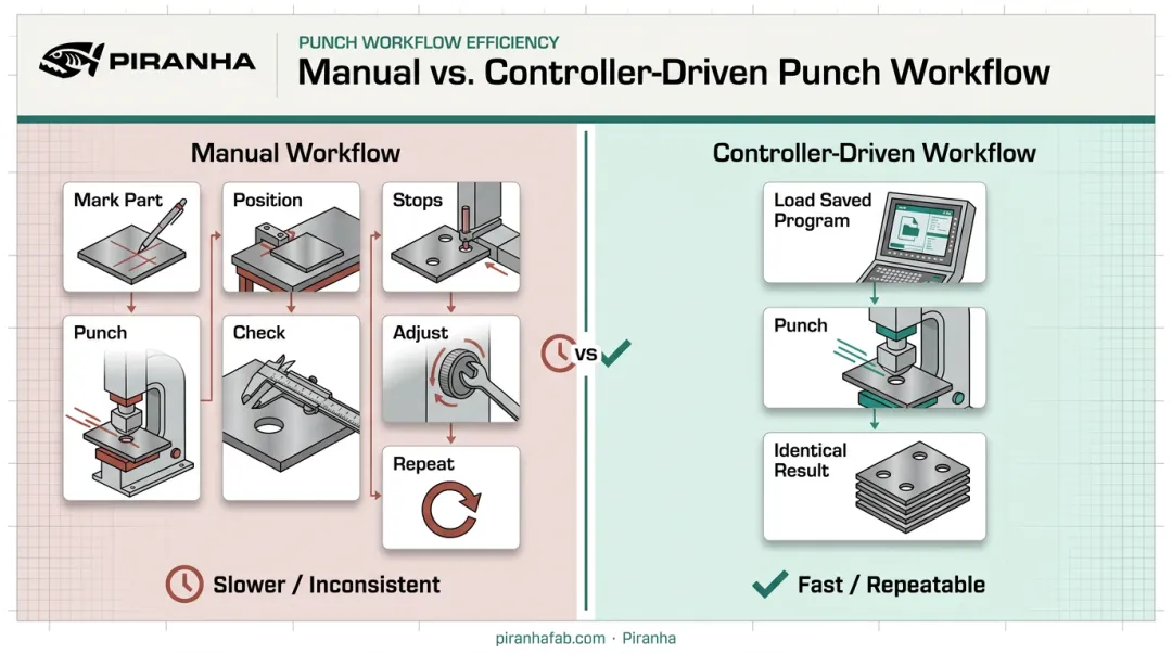 Manual marking versus controller driven punch workflow comparison chart