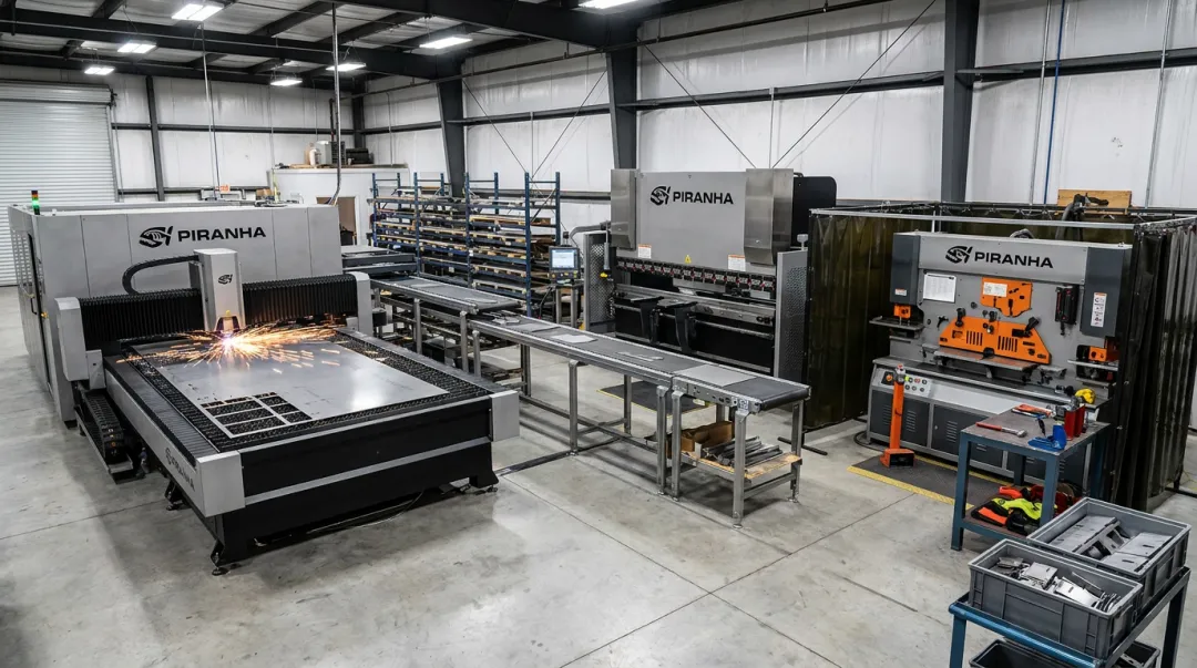Piranha fiber laser cutting press brake ironworker fabrication equipment lineup