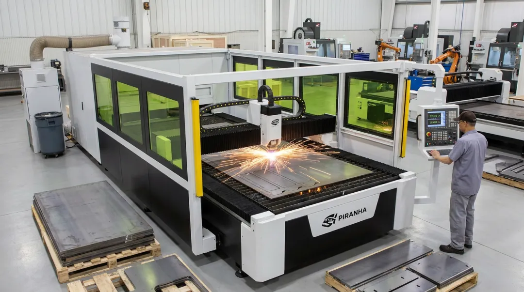 Piranha fiber laser system cutting sheet metal on shop floor