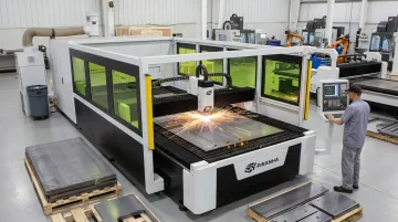 Piranha fiber laser system cutting sheet metal on shop floor