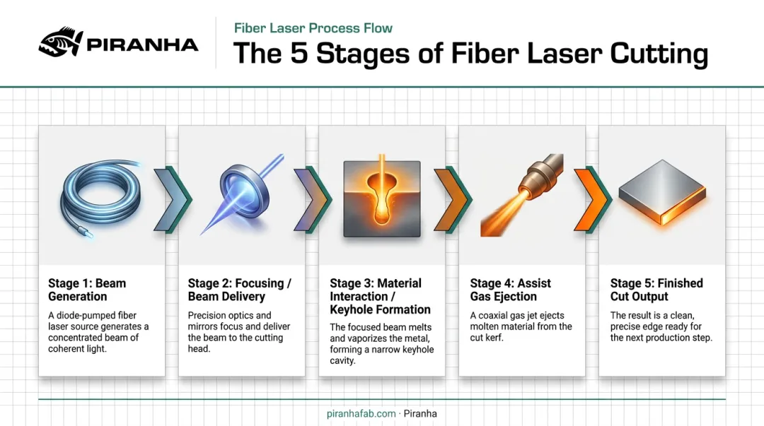5-stage fiber laser cutting process from beam generation to material ejection