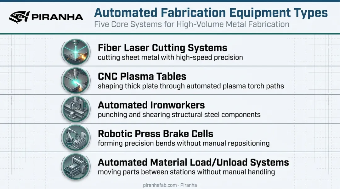Five automated fabrication equipment types and their core functions illustrated