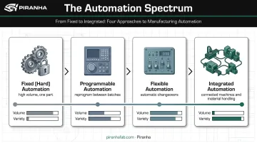Four types of automated manufacturing systems compared by flexibility and volume