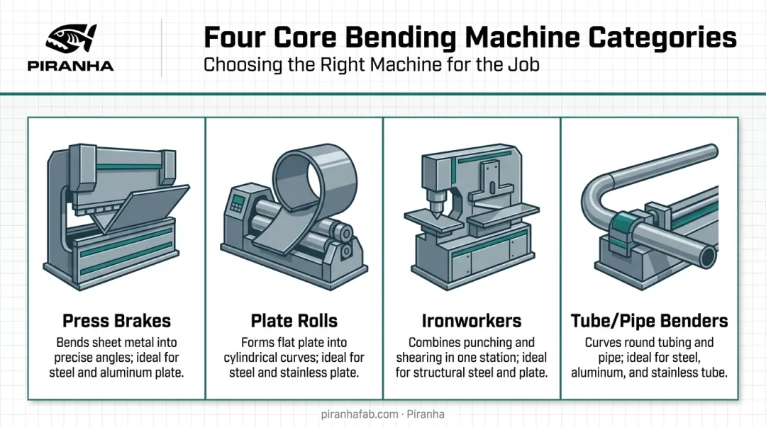 Four types of industrial metal bending machines comparison infographic