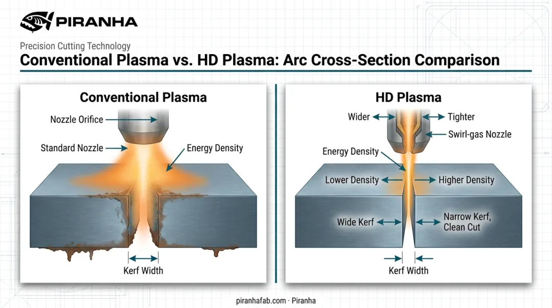 HD plasma versus conventional plasma arc constriction cross-section comparison