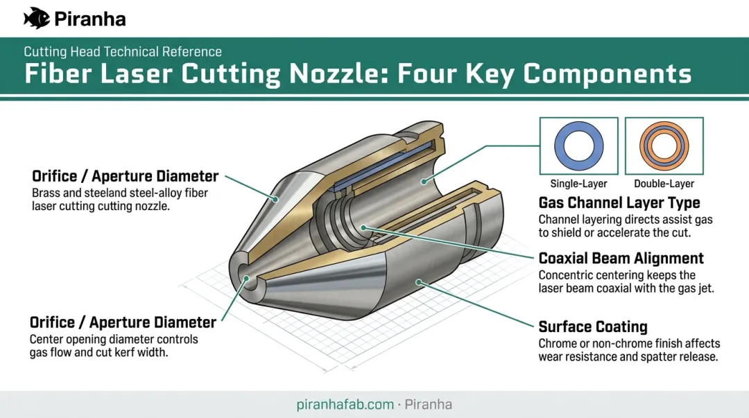 Fiber laser nozzle anatomy diagram showing four key components