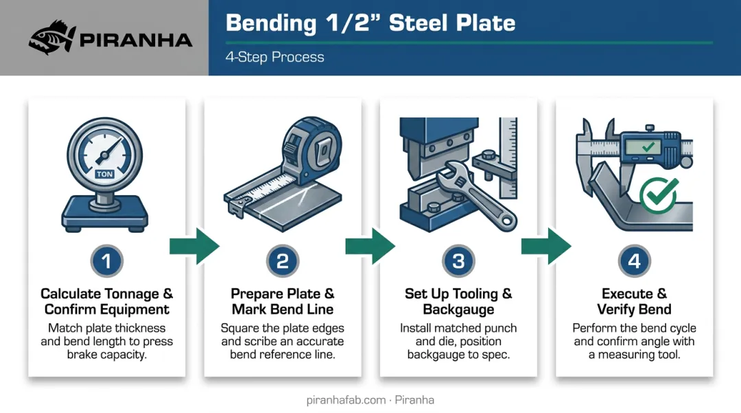 4-step process for bending half-inch steel plate on press brake