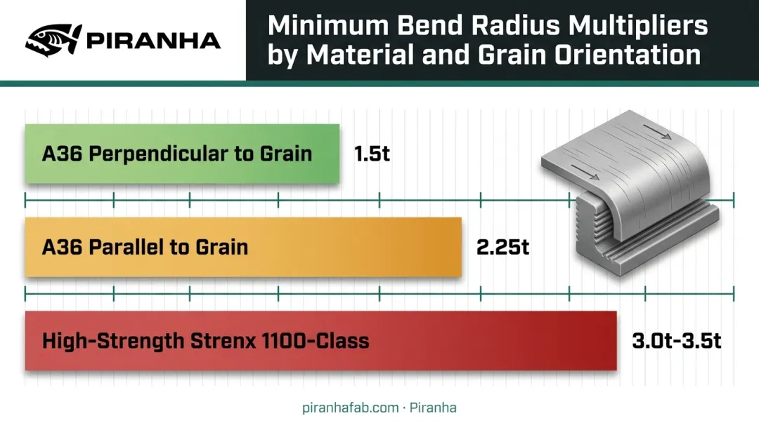 Minimum bend radius comparison by grain direction and steel strength grade