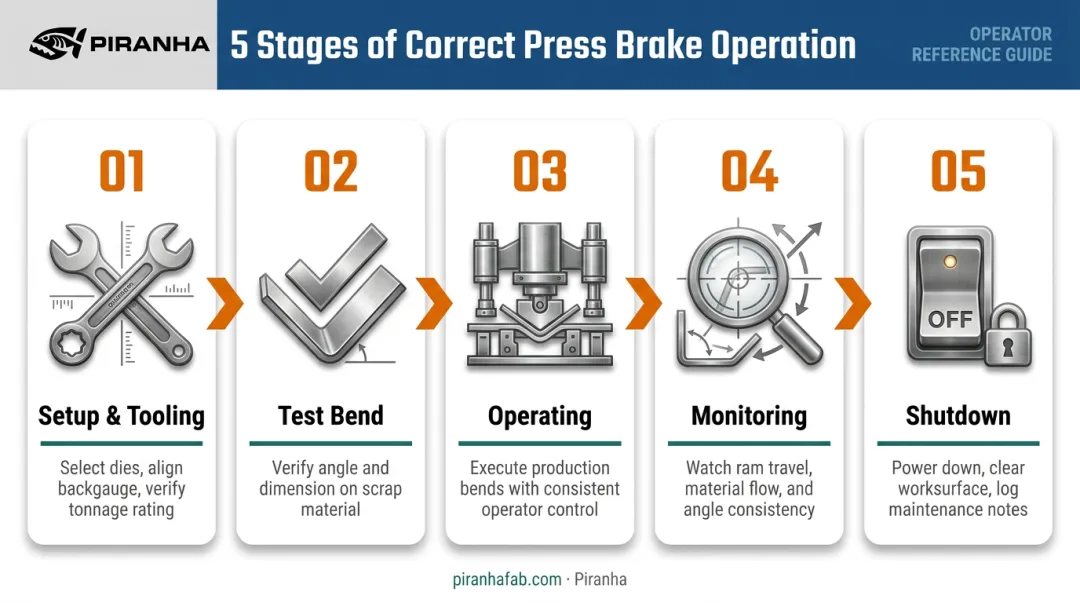 5-stage press brake operation process from setup to shutdown