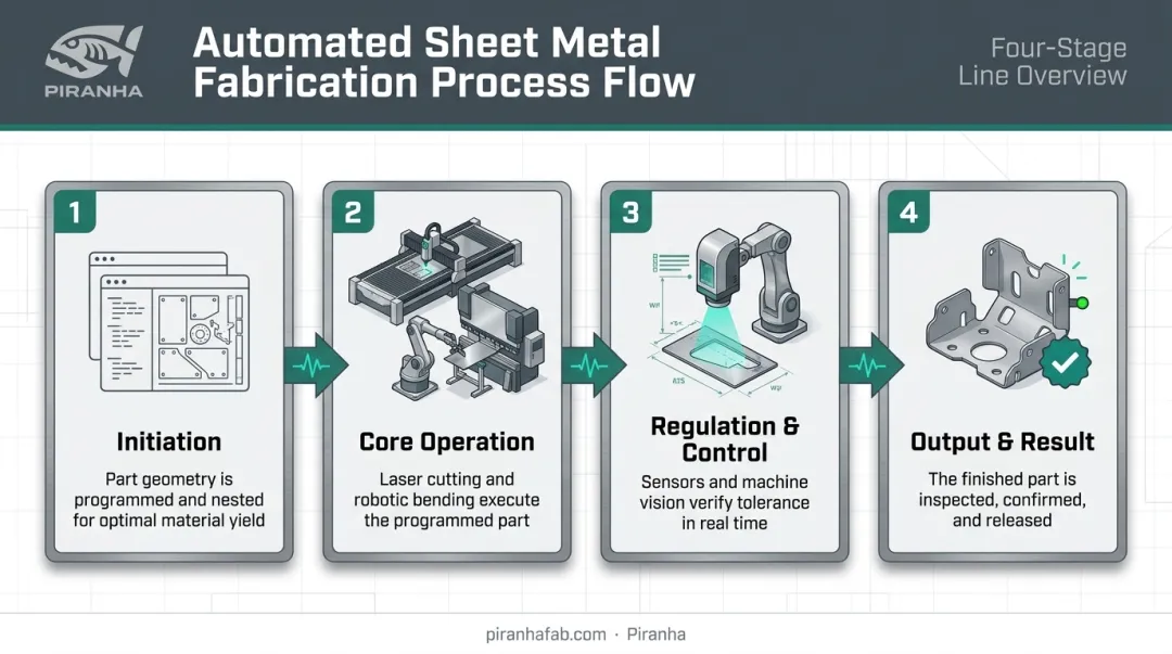Four-stage automated sheet metal fabrication process flow diagram
