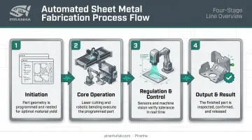 Four-stage automated sheet metal fabrication process flow diagram