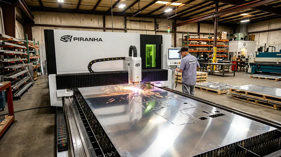 Piranha fiber laser system cutting reflective aluminum sheet metal