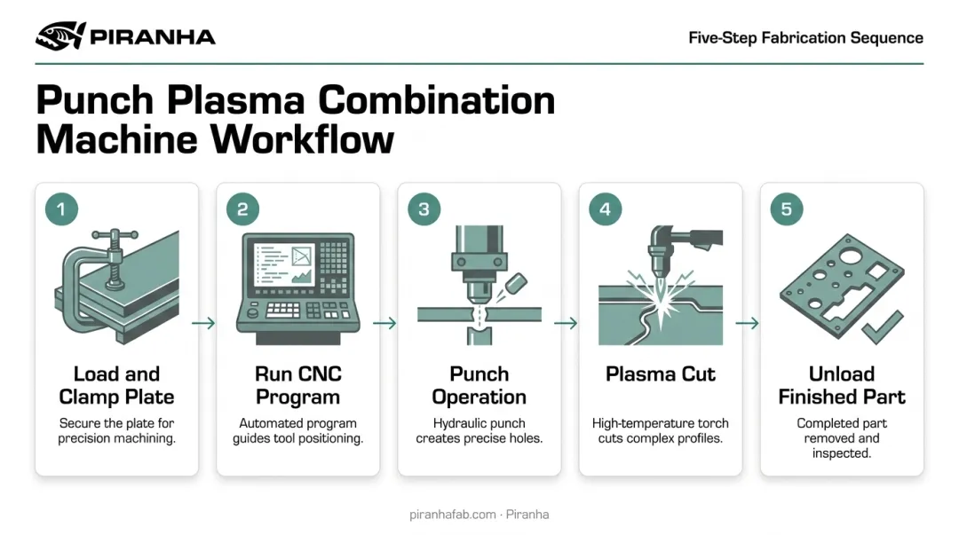 5-step CNC punch plasma combination machine workflow diagram