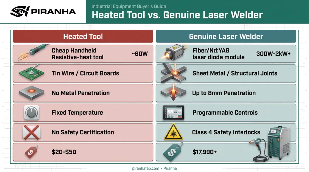 Heated soldering tool versus genuine industrial laser welder specifications comparison