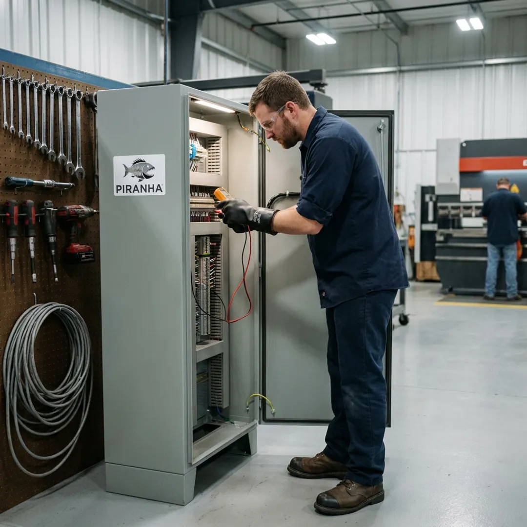 Technician servicing fabrication table controls