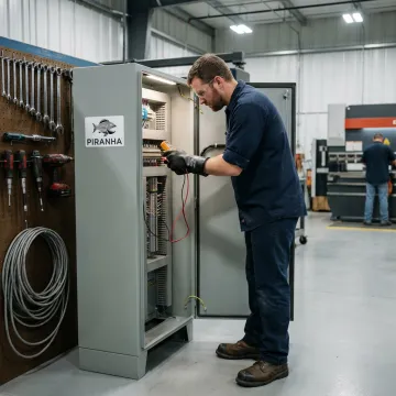 Technician servicing fabrication table controls