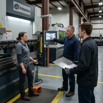 Technician training operators on a sheet metal bending machine