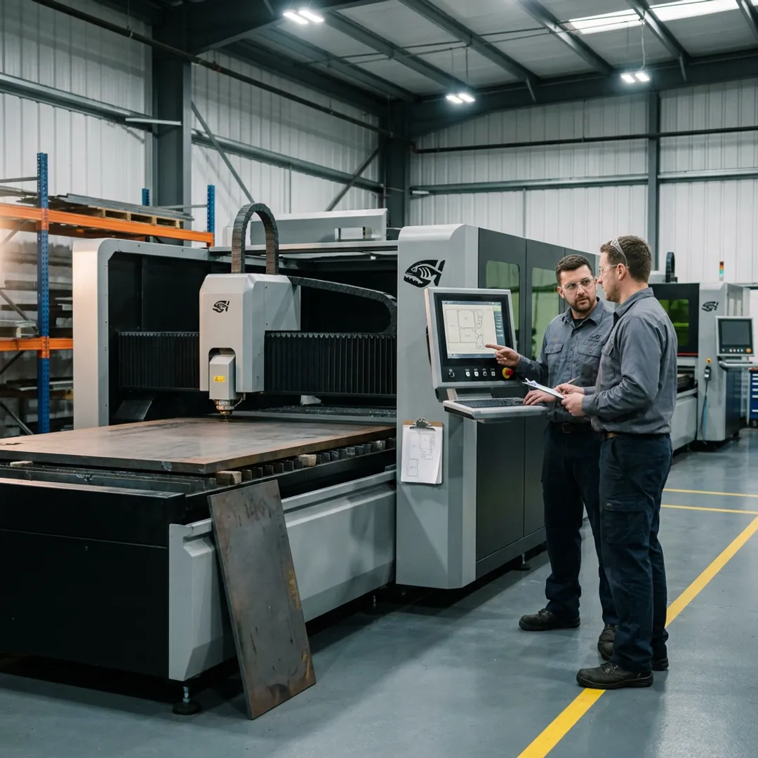 Fabrication team reviewing CNC cutting equipment
