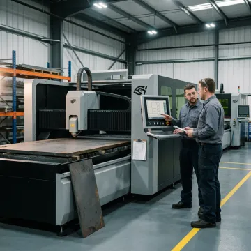 Fabrication team reviewing CNC cutting equipment