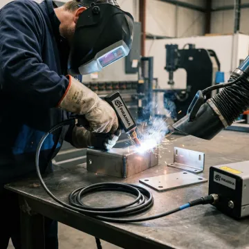 Handheld laser welding setup in a fabrication shop