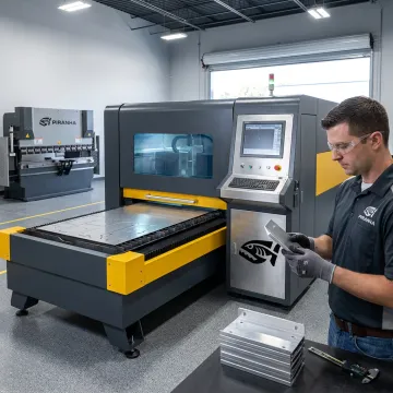 Technician reviewing laser-cut aluminum parts
