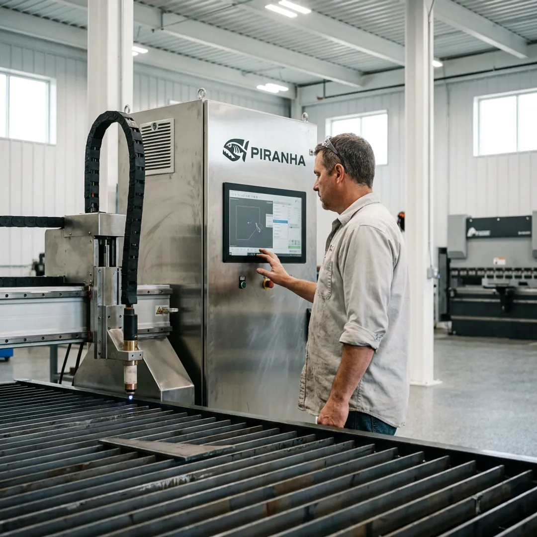 Fabricator reviewing CNC plasma cutting controls