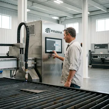 Fabricator reviewing CNC plasma cutting controls