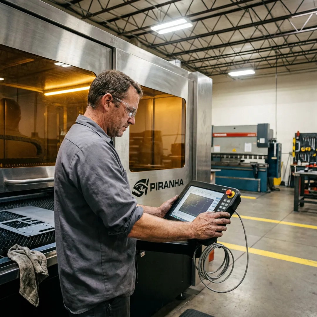 Fabricator operating a CNC fiber laser cutting system