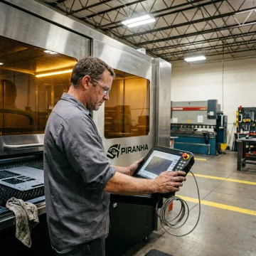 Fabricator operating a CNC fiber laser cutting system