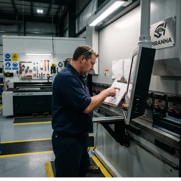 Engineer reviewing hydraulic press specifications