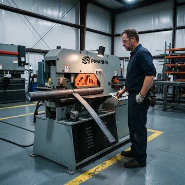 Industrial ironworker shearing steel in a fabrication shop