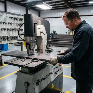 Fabricator operating a Piranha hydraulic ironworker