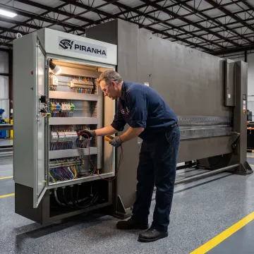 Technician inspecting an industrial electric motor control cabinet