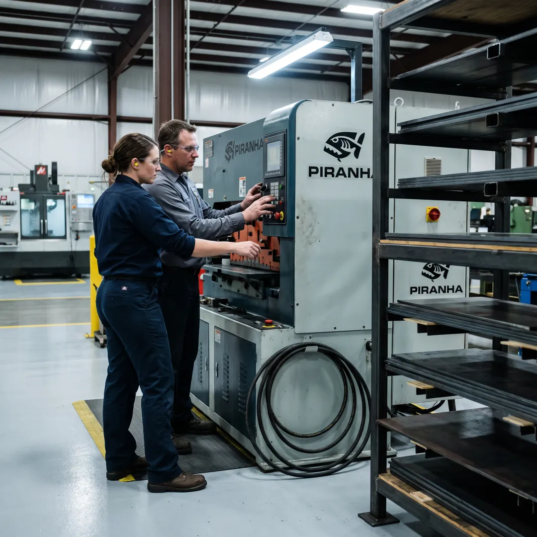 Fabrication team reviewing metalworking machinery