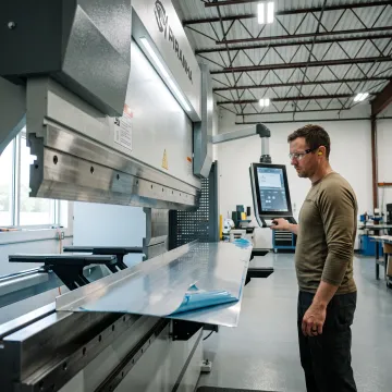 CNC machine forming an aluminum sheet in a fabrication shop